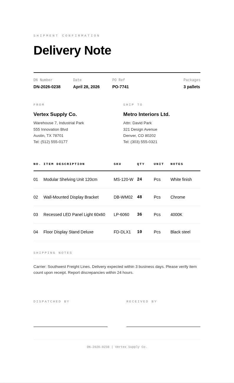 Modern minimalist delivery note